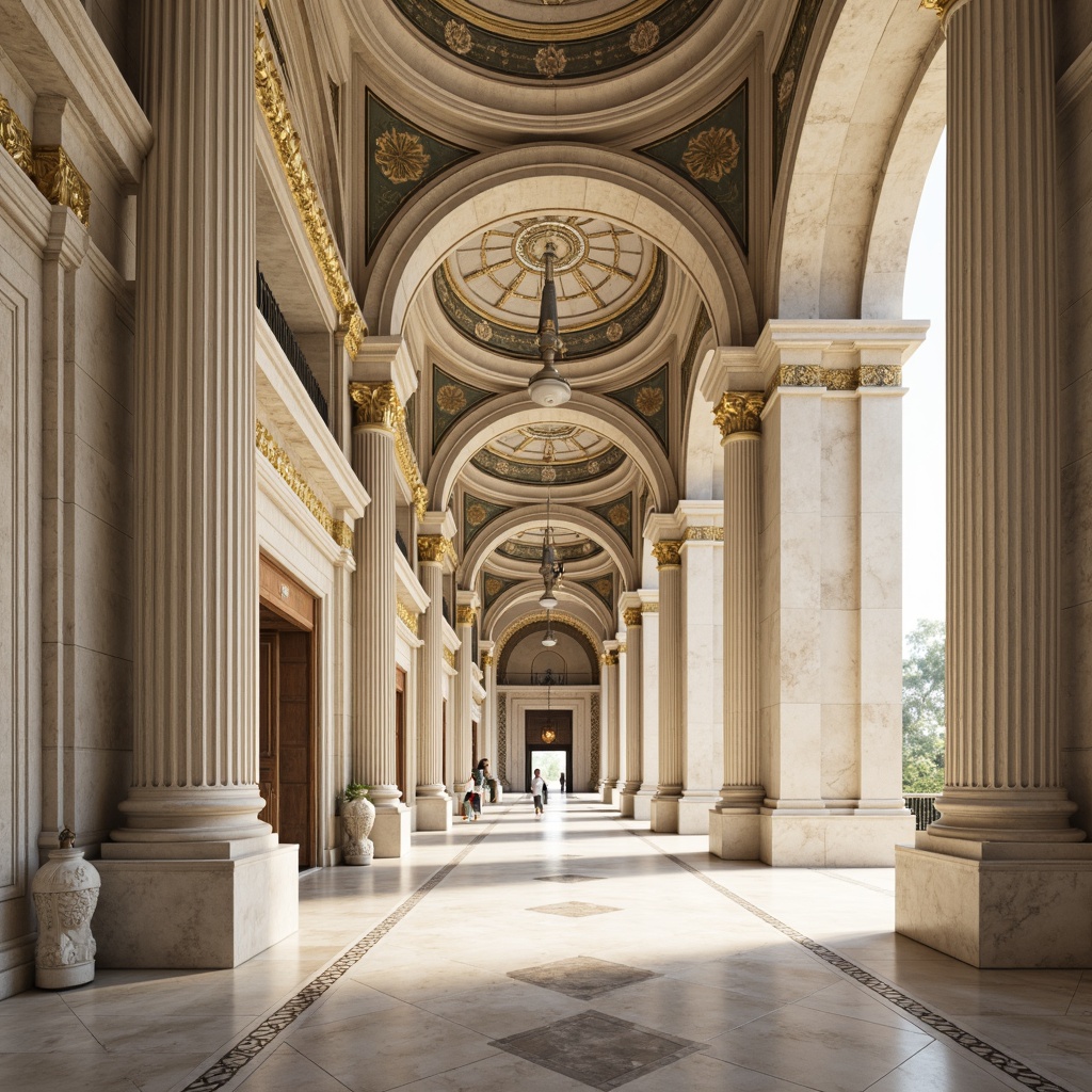 Prompt: Elegant neoclassical architecture, ornate details, symmetrical facades, grandiose columns, arches, domes, marble flooring, intricate moldings, gilded accents, soft warm lighting, muted earth tones, beige, ivory, pale blue, gold leafing, rich jewel tones, subtle texture contrasts, shallow depth of field, 1/1 composition, realistic reflections, ambient occlusion.