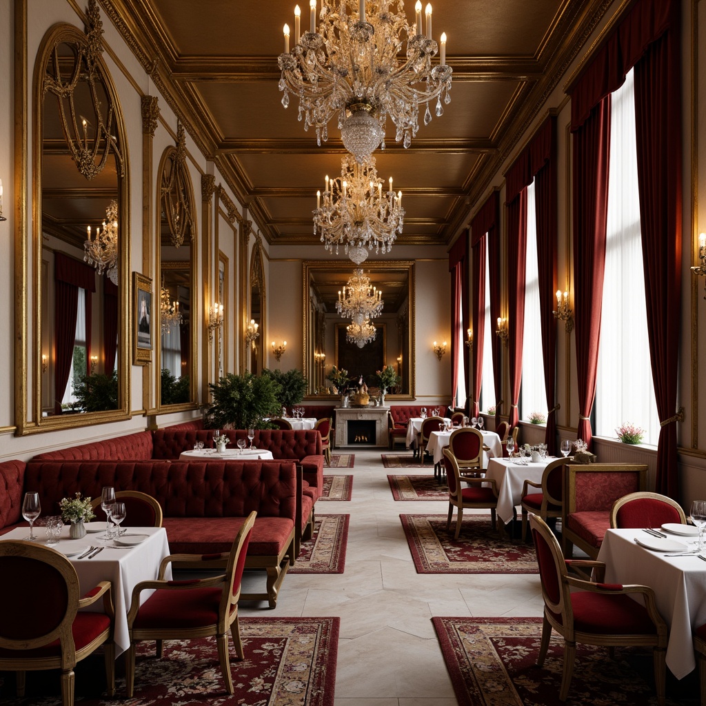 Prompt: Luxurious restaurant interior, ornate Rococo-style furnishings, intricately carved wooden chairs, gilded frames, velvet upholstery, crystal chandeliers, marble tables, ornamental mirrors, lavish curtains, richly patterned rugs, gold leaf accents, soft warm lighting, shallow depth of field, 3/4 composition, realistic textures, ambient occlusion.