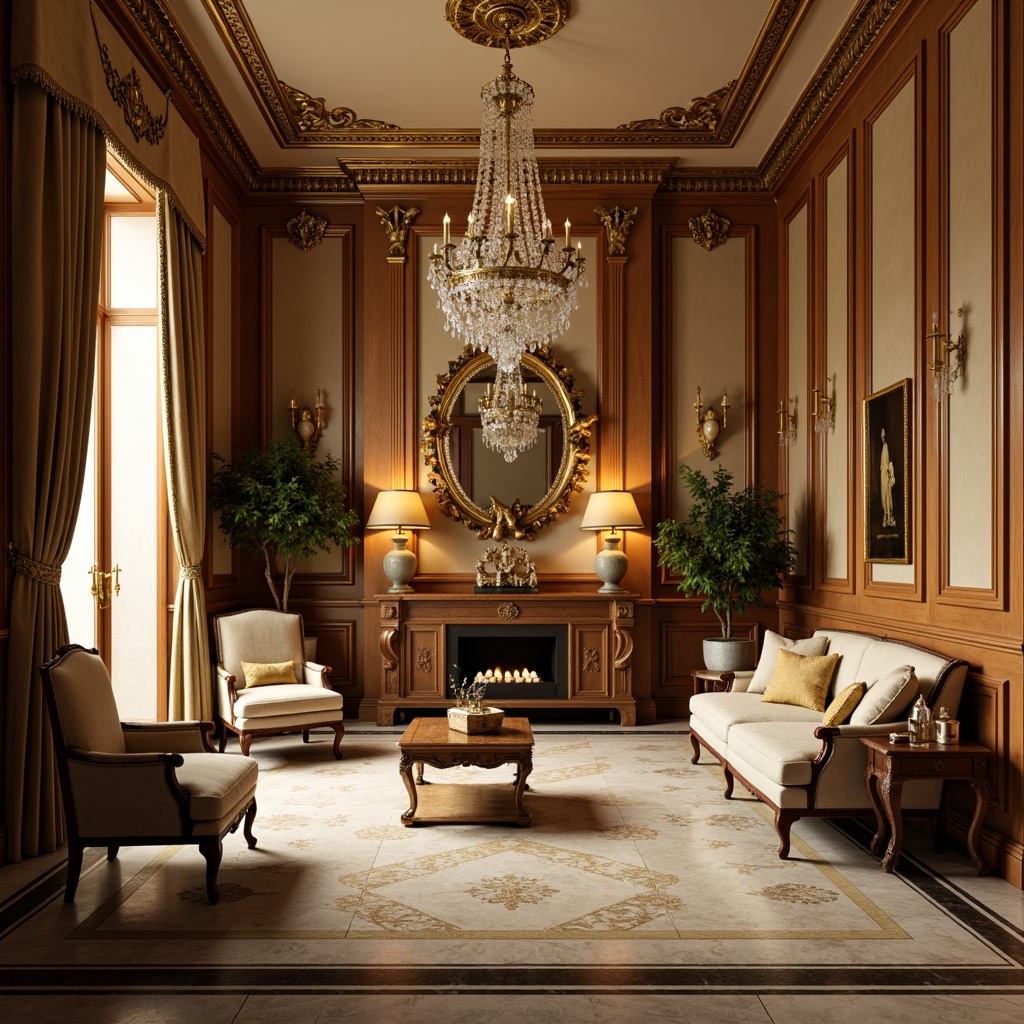 Prompt: Elegant mansion, ornate moldings, rich wood tones, marble flooring, crystal chandeliers, velvet drapes, gilded accents, carved wooden furnishings, luxurious fabrics, intricate patterns, warm beige colors, soft golden lighting, shallow depth of field, 1/2 composition, realistic textures, ambient occlusion.