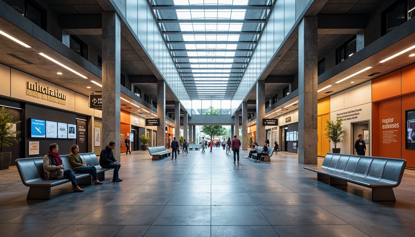 Prompt: Modern bus station interior, sleek metal benches, polished concrete floors, high ceilings, natural light pouring in through large skylights, warm LED lighting, subtle ambient glow, soft shadows, suspended linear fixtures, minimalist design, energy-efficient solutions, solar-powered systems, vibrant color accents, dynamic digital displays, clear signage, comfortable waiting areas, ample legroom, intuitive wayfinding, calm atmosphere, 1/1 composition, shallow depth of field, realistic textures.