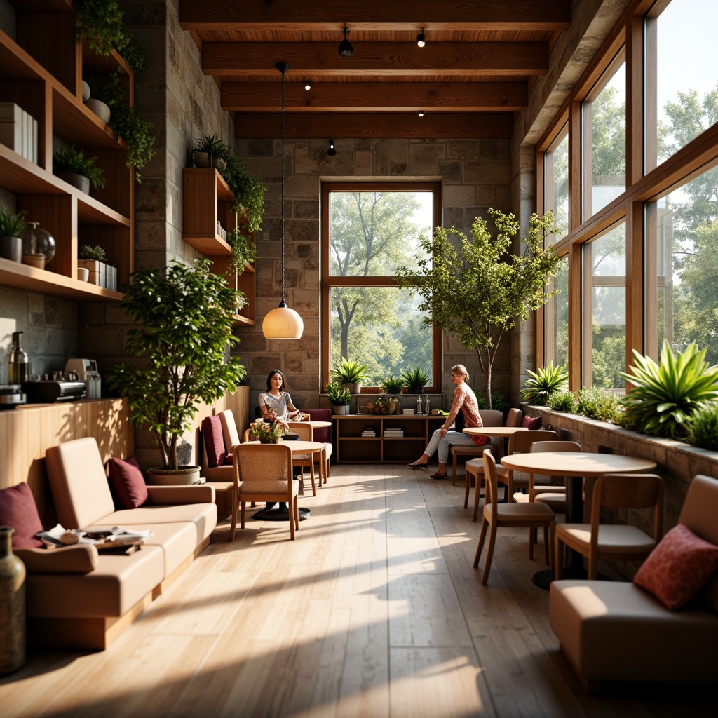 Prompt: Cozy coffee shop, warm earthy tones, rich wood accents, comfortable seating areas, soft warm lighting, table lamps, floor lamps, pendant lights, natural stone walls, large windows, greenery, blooming flowers, sunny day, shallow depth of field, 3/4 composition, realistic textures, ambient occlusion.