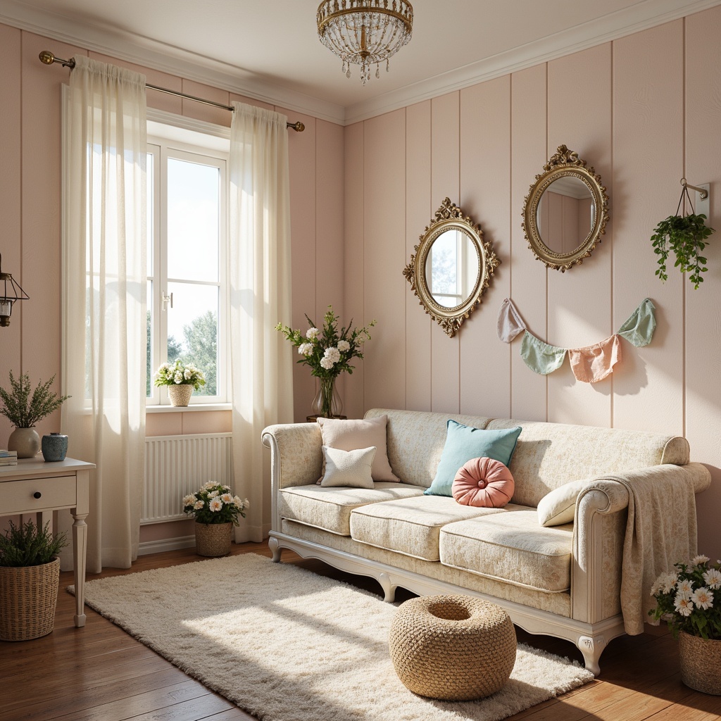 Prompt: Soft, feminine shabby-chic interior, distressed wood furniture, vintage decor, lace curtains, pastel color palette, pale pink walls, baby blue accents, creamy whites, warm beige tones, soft peach hues, delicate florals, ornate mirrors, crystal chandeliers, plush area rugs, natural light, airy atmosphere, romantic ambiance, whimsical touches, elegant patterns, subtle textures, warm golden lighting, 1/2 composition, shallow depth of field, realistic rendering.