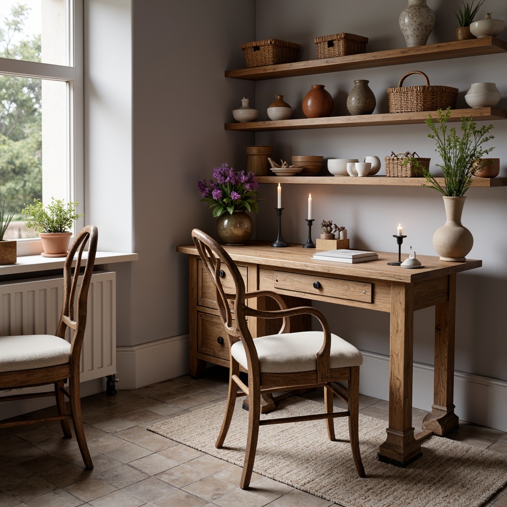 Prompt: Rustic wooden desks, distressed finishes, soft beige upholstery, vintage-inspired metal chairs, ornate wooden legs, elegant curved lines, classic French country colors, soft lavender accents, natural stone floors, woven baskets, decorative ceramics, earthy terracotta vases, warm candlelight, 1/1 composition, shallow depth of field, realistic textures, ambient occlusion.