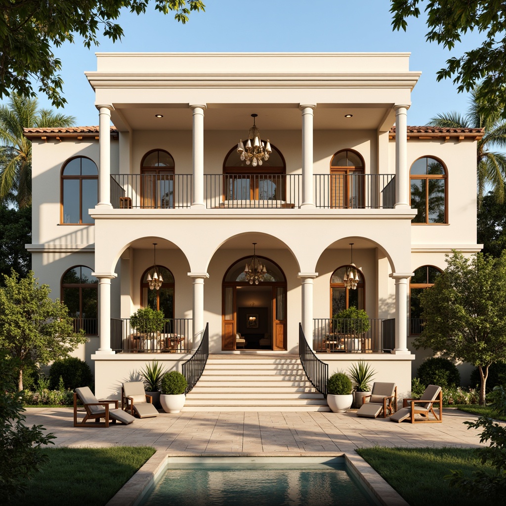 Prompt: Luxurious villa, neoclassical facade, grand entrance, ornate columns, symmetrical architecture, soft cream stucco, elegant archways, refined pilasters, opulent chandeliers, lavish furnishings, rich wood accents, velvety carpets, majestic staircase, sweeping balconies, lush greenery, blooming flowers, serene water features, warm sunny day, soft golden lighting, shallow depth of field, 3/4 composition, panoramic view, realistic textures, ambient occlusion.