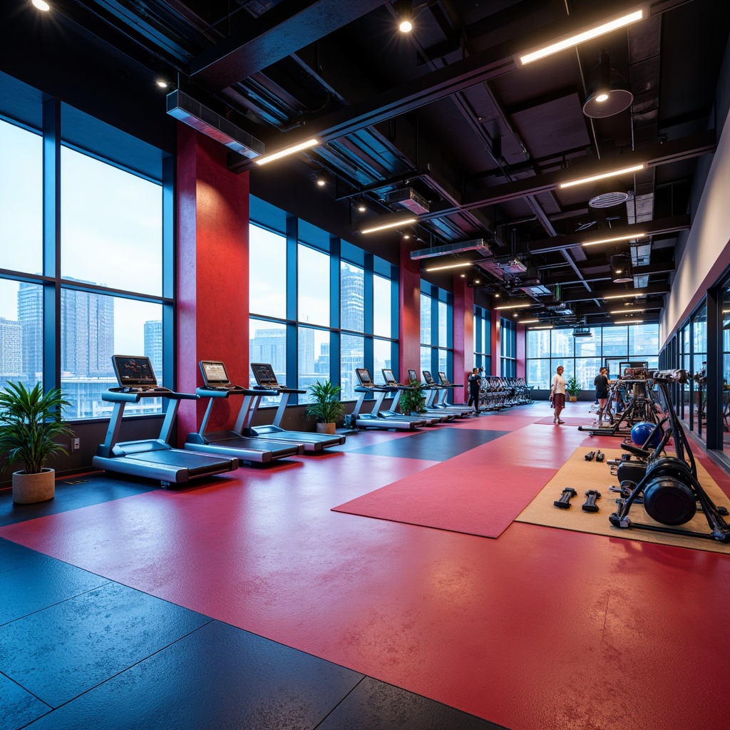 Prompt: Modern fitness club interior, high-traffic flooring, shock-absorbing materials, rubber surfaces, non-slip coatings, vibrant colors, dynamic lighting, mirrored walls, state-of-the-art equipment, free weights, treadmills, exercise mats, athletic flooring patterns, heavy-duty construction, durable finishes, easy maintenance, sound-absorbing properties, acoustic comfort, panoramic windows, natural daylight, urban cityscape views, contemporary architecture.