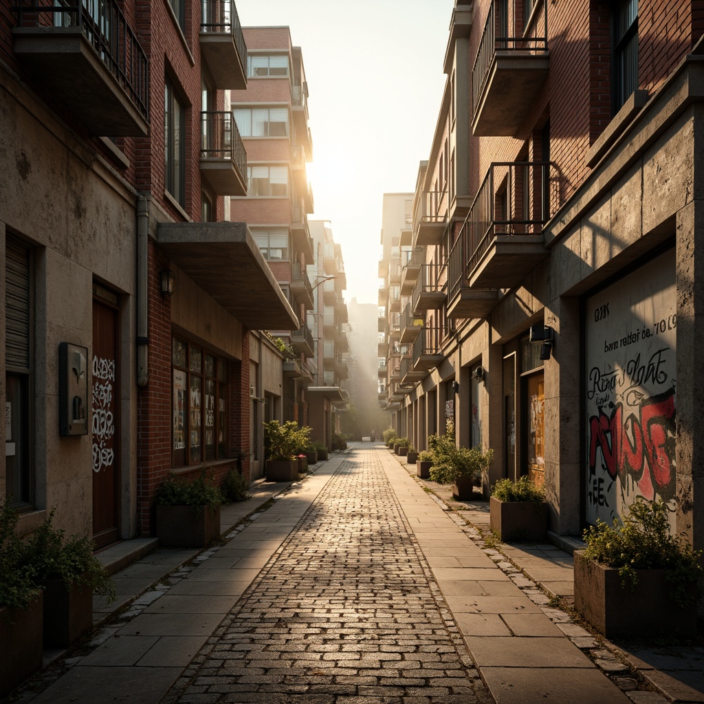 Prompt: Distressed brick walls, worn stone textures, rugged concrete finishes, industrial metal accents, reclaimed wood planks, vintage-inspired graffiti, urban cityscape, atmospheric fog, warm golden lighting, shallow depth of field, 1/2 composition, realistic normal maps, detailed specular highlights.