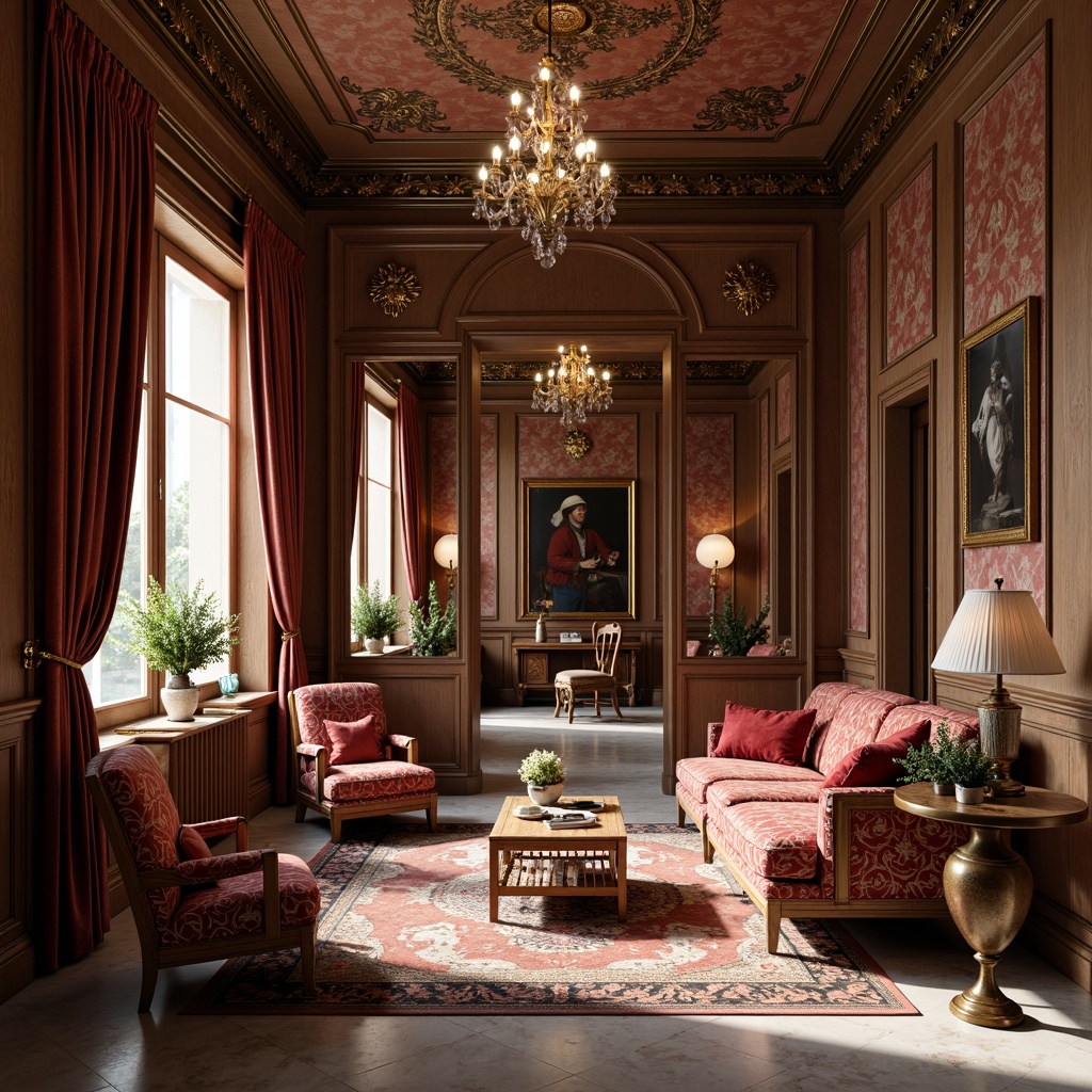 Prompt: Luxurious velvet drapes, rich brocade upholstery, intricate embroidered fabrics, ornate antique furniture, refined wooden accents, elegant crystal chandeliers, sophisticated marble floors, lavish silk tapestries, subtle patterned rugs, opulent gold leaf details, soft warm lighting, 1/1 composition, shallow depth of field, realistic textures, ambient occlusion.