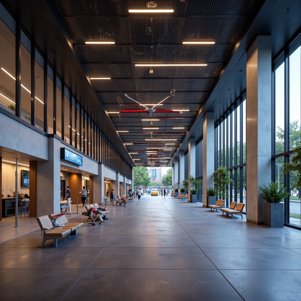 Prompt: Modern bus station interior, sleek metal columns, polished concrete floors, ambient warm lighting, energy-efficient LED fixtures, suspended ceiling panels, diffuse natural light, soft glowing signage, vibrant color accents, minimalist benches, stainless steel handrails, spacious waiting areas, clear glass partitions, airy open spaces, comfortable seating zones, calming atmosphere, 1/1 composition, realistic textures, subtle shadows.