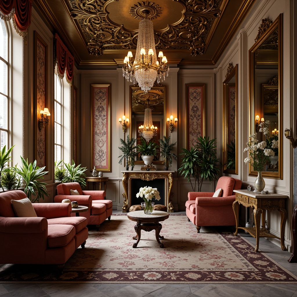 Prompt: Ornate Rococo interior, lavish furnishings, intricately carved wooden frames, upholstered velvet sofas, gilded mirrors, crystal chandeliers, marble floors, ornamental vases, curved lines, Baroque patterns, rich textiles, golden accents, soft warm lighting, shallow depth of field, 1/1 composition, realistic reflections, ambient occlusion.