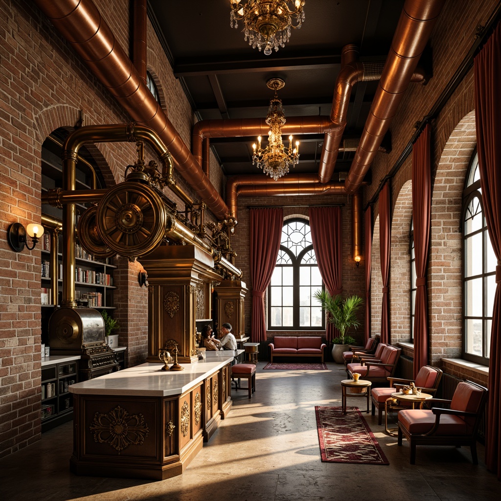 Prompt: Intricate industrial machinery, ornate copper pipes, distressed brick walls, lavish chandeliers, grandiose archways, rich velvet drapes, antique furniture pieces, luxurious marble countertops, intricate carvings, gilded accents, warm golden lighting, dramatic shadows, 1/2 composition, low-angle shot, cinematic atmosphere, realistic metallic textures, advanced normal mapping.