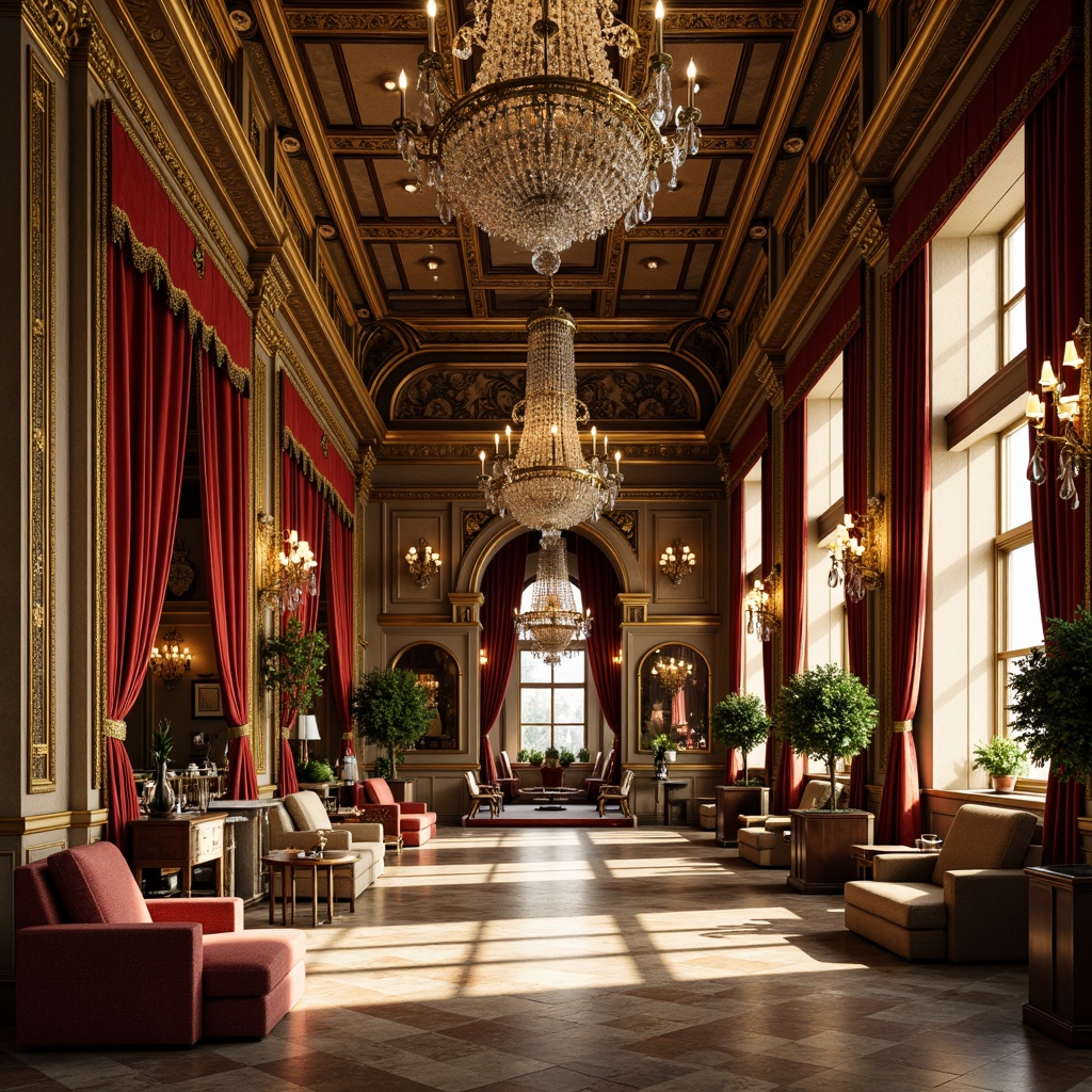 Prompt: Luxurious grand hall, ornate chandeliers, gilded moldings, intricate carvings, velvet drapes, marble floors, golden accents, symmetrical composition, dramatic lighting, richly textured fabrics, antique furnishings, lavish decorations, Rococo-inspired patterns, opulent color palette, highly ornate details, exquisite craftsmanship, 1/1 composition, soft focus, warm ambient lighting.