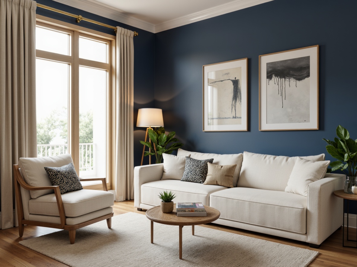 Prompt: Navy blue accent walls, creamy white trim, warm beige flooring, rich wood tones, elegant gold hardware, soft cream upholstery, natural linen drapes, subtle patterned rugs, harmonious color balance, soothing ambiance, modern minimalist decor, abstract art pieces, sleek metal frames, warm task lighting, shallow depth of field, 1/1 composition, realistic textures.