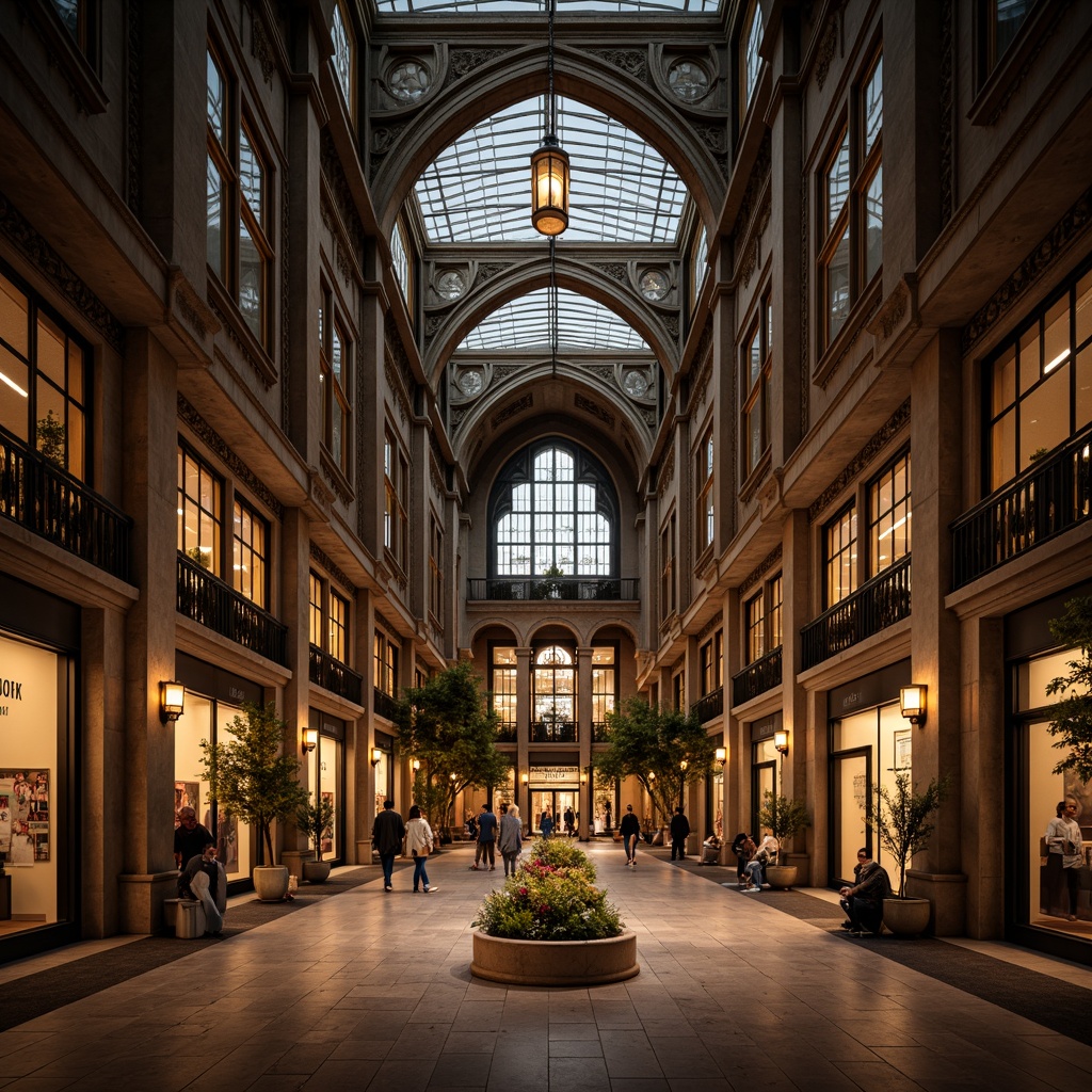 Prompt: Gothic-inspired shopping center, grand arches, ribbed vaults, pointed spires, ornate stone carvings, stained glass windows, intricate tracery, majestic columns, polished marble floors, dimly lit corridors, atmospheric lighting, mysterious ambiance, dramatic shadows, 1/1 composition, symmetrical framing, warm golden tones, subtle misting effects.