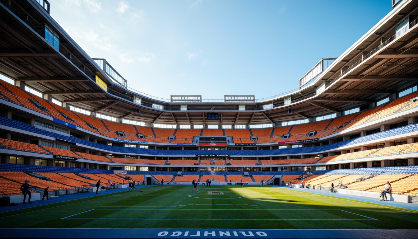 Prompt: Vibrant athletic stadium, dynamic color blocking, bold typography, energetic orange hues, deep blue accents, bright yellow highlights, sleek metallic surfaces, modern geometric patterns, gradient effects, futuristic architecture, motion blur, fast shutter speed, shallow depth of field, 1/2 composition, action-packed atmosphere, sunny day, dramatic lighting, high-contrast colors.