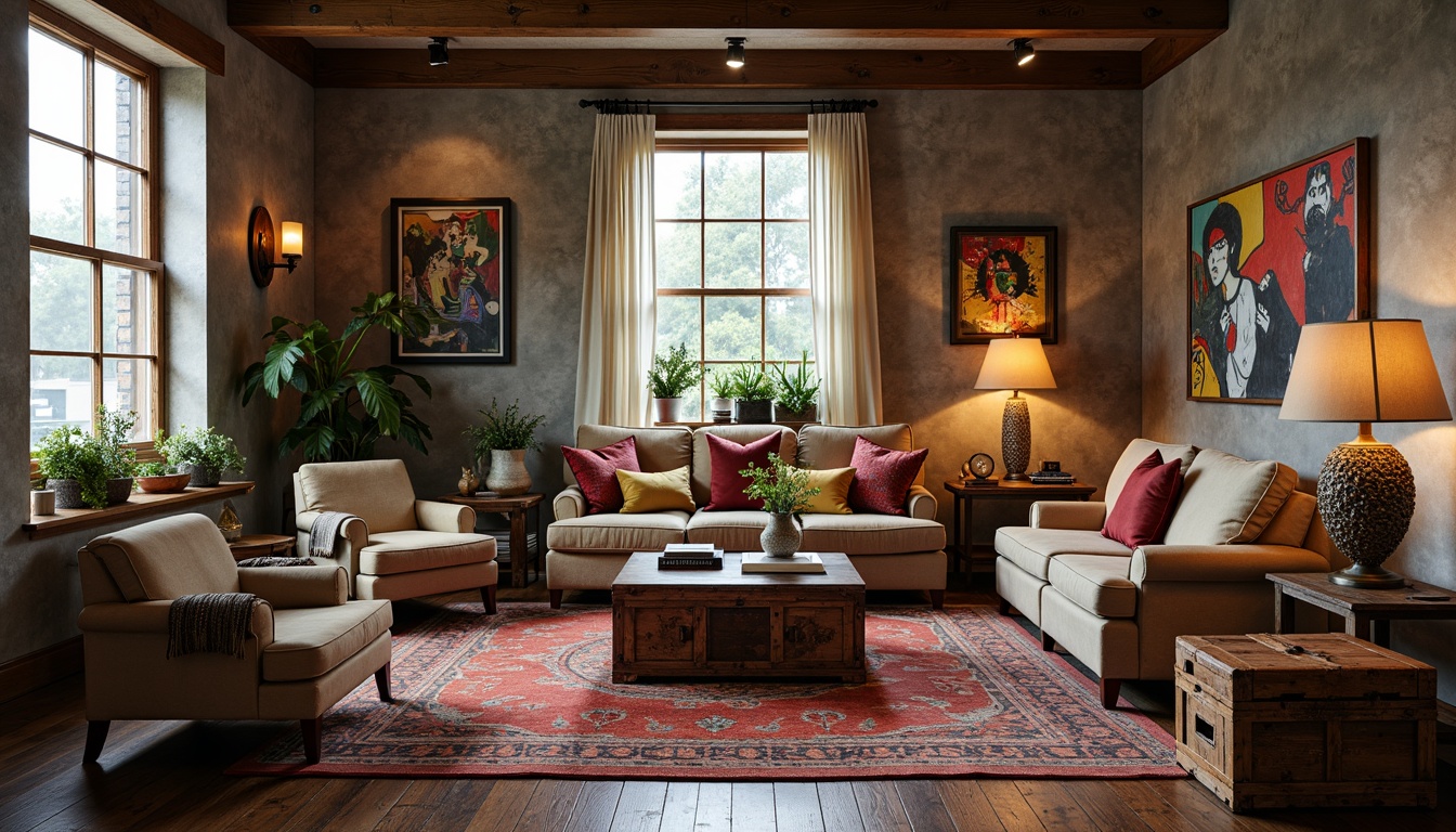 Prompt: Eclectic living room, vintage armchairs, ornate wooden tables, mid-century modern sofas, industrial metal lamps, rustic wooden crates, distressed leather ottomans, abstract artwork, bold colorful rugs, natural stone walls, reclaimed wood accents, soft warm lighting, shallow depth of field, 1/2 composition, panoramic view, realistic textures, ambient occlusion.