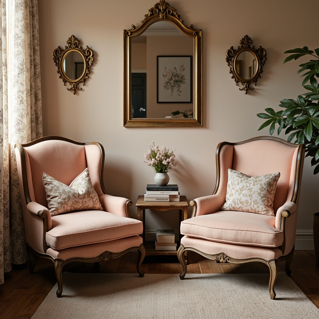 Prompt: Vintage armchairs, distressed wood furniture, soft peach tones, floral patterns, lace trims, velvet fabrics, linen textures, natural fibers, subtle sheens, warm beige colors, rustic accents, country-chic atmosphere, cozy reading nooks, plush throw pillows, delicate embroidery, ornate mirrors, gentle candlelight, 1/2 composition, shallow depth of field, soft focus, warm color grading.