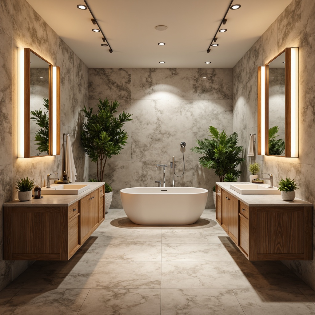 Prompt: Luxurious bathroom, marble countertops, freestanding tub, rainfall showerhead, LED mirror lights, heated floors, wall-mounted faucets, glass tile backsplashes, chrome fixtures, modern vanity design, ambient lighting, spa-inspired atmosphere, green plants, natural stone accents, soft warm colors, 1/1 composition, realistic textures, shallow depth of field.