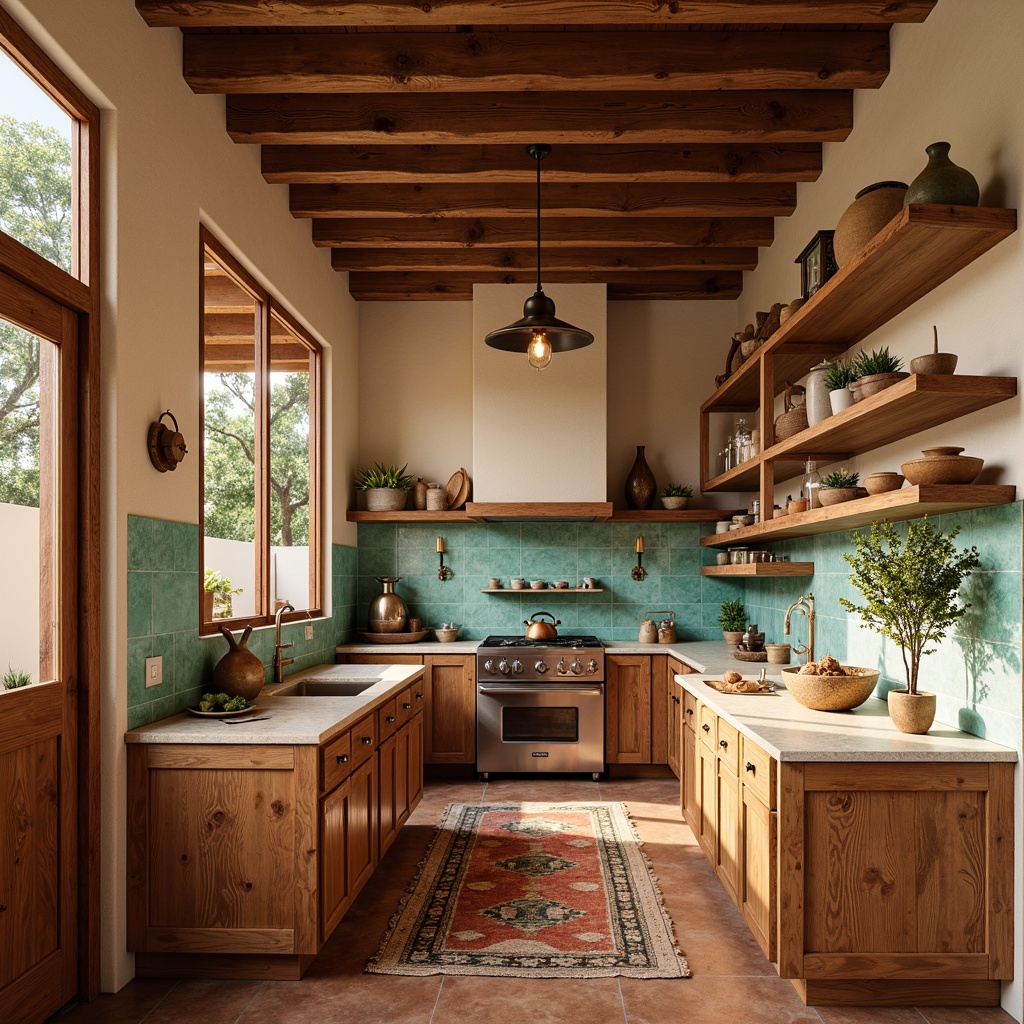 Prompt: Warm southwestern kitchen, rustic wooden cabinets, earthy terracotta backsplash, vibrant turquoise accents, woven textiles, natural stone countertops, modern appliances, pendant lighting, open shelving, decorative pottery, warm beige walls, large windows, soft morning light, shallow depth of field, 3/4 composition, realistic textures, ambient occlusion.