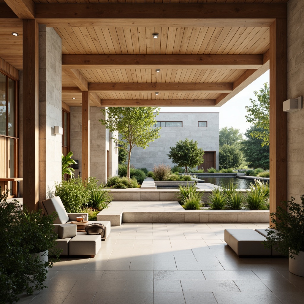 Prompt: Warm earthy tones, natural stone walls, wooden accents, large windows, soft diffused lighting, calming water features, lush greenery, serene courtyard, minimalist furniture, clean lines, simple ornaments, healthcare signs, medical equipment, stainless steel fixtures, ceramic flooring, gentle color palette, subtle textures, shallow depth of field, 1/1 composition, realistic rendering, ambient occlusion.