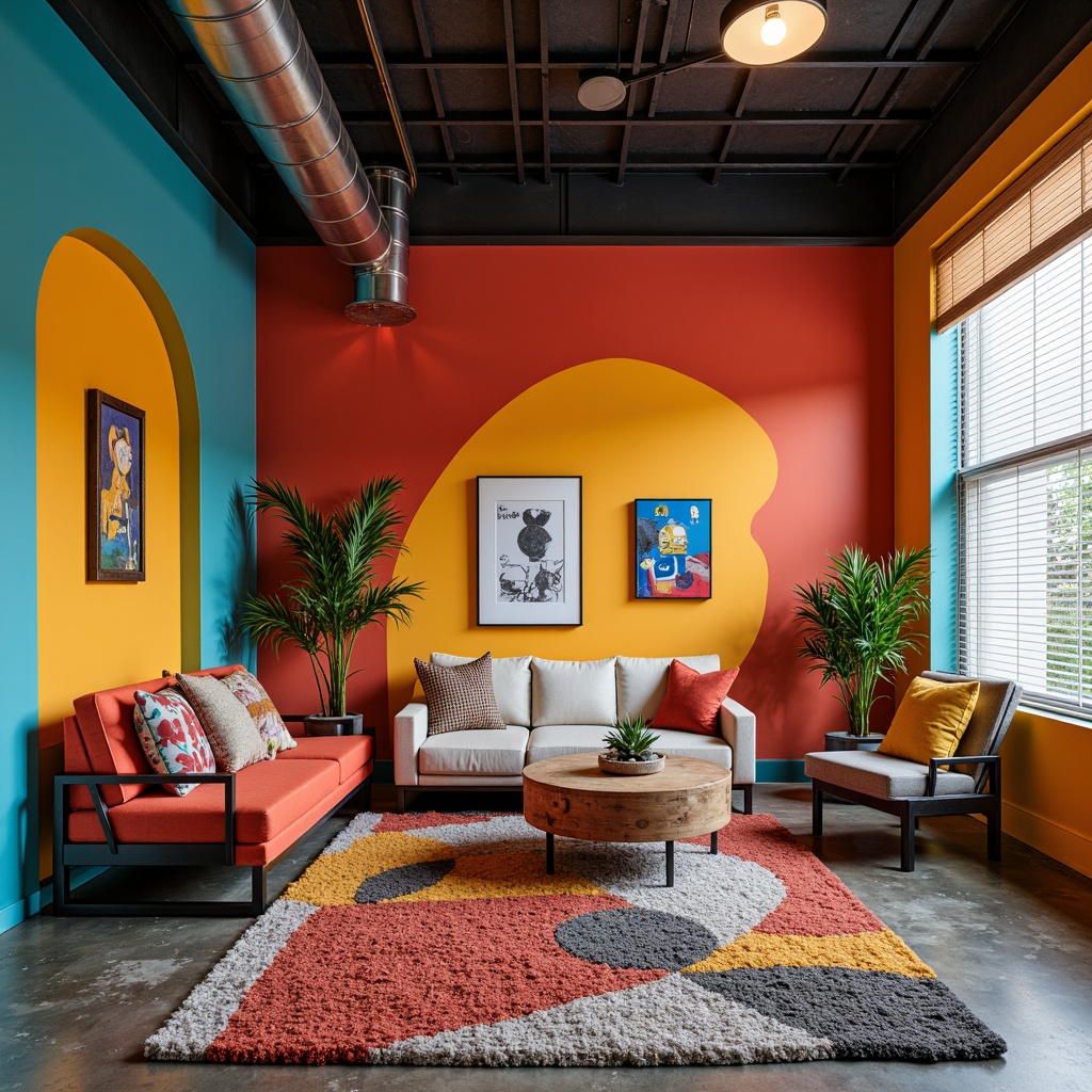 Prompt: Vibrant color-blocked walls, irregular geometric shapes, playful ornate details, eclectic mix-matched furniture, bold graphic patterns, chunky textured rugs, distressed wood accents, industrial metal fixtures, exposed ductwork, concrete floors, minimalist decor, pop art-inspired accessories, asymmetrical compositions, warm atmospheric lighting, soft focus photography, 1/2 composition, low-angle shot, cinematic depth of field.