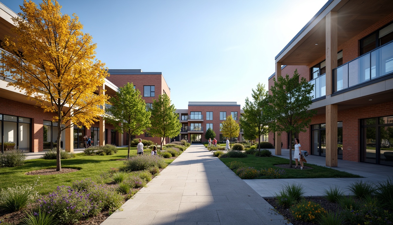 Prompt: Vibrant university campus, modern educational buildings, bold brick facades, glass atriums, steel accents, natural stone walkways, lush greenery, blooming flowers, sunny day, warm soft lighting, shallow depth of field, 3/4 composition, panoramic view, realistic textures, ambient occlusion, rich wood tones, deep blues, energetic yellows, calming greens, bold reds, neutral beiges, contrasting color blocks, harmonious color gradients.