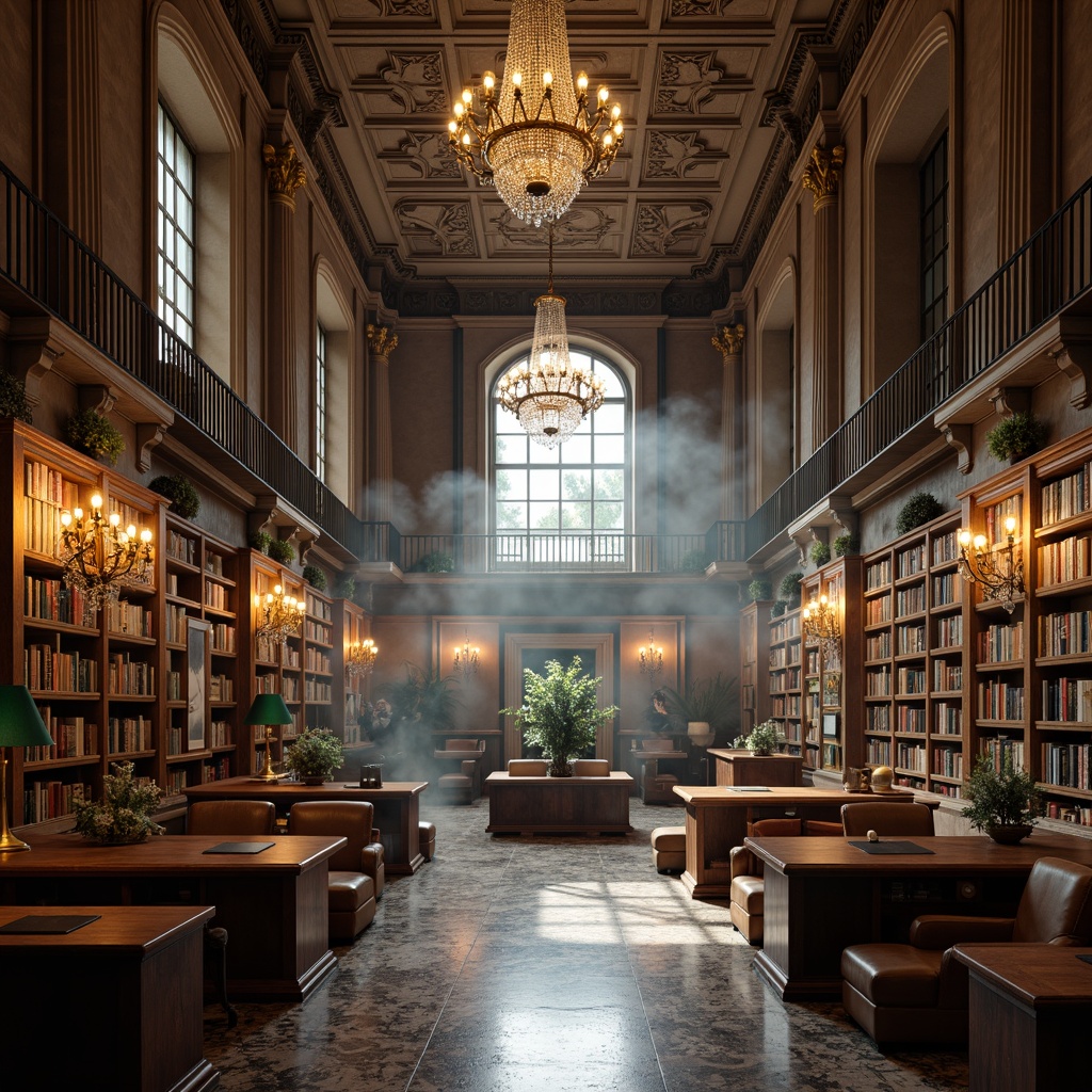 Prompt: Grandiose library, neoclassical architecture, ornate details, high ceilings, marble floors, intricate moldings, elegant lighting fixtures, crystal chandeliers, bronze sconces, warm soft glow, rich wood tones, leather-bound books, comfortable reading nooks, wooden study tables, green lamps, atmospheric mist, subtle color palette, 1/2 composition, realistic textures, ambient occlusion.