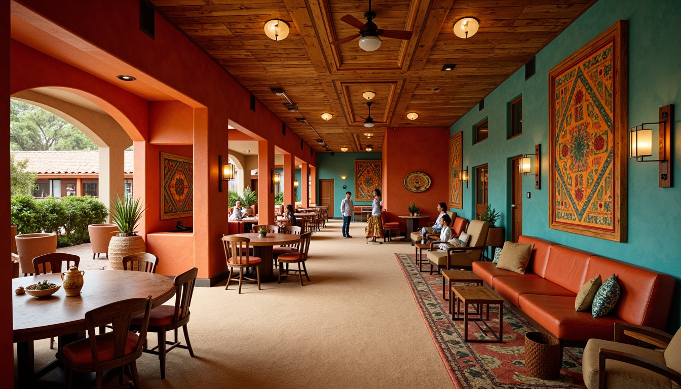 Prompt: Vibrant southwestern casino, warm terracotta walls, turquoise accents, sandy beige floors, rich wood tones, ornate metalwork, intricate Native American patterns, desert flora inspiration, bold red and orange hues, soft golden lighting, dramatic shadows, 3/4 composition, cinematic atmosphere, realistic textures, ambient occlusion.