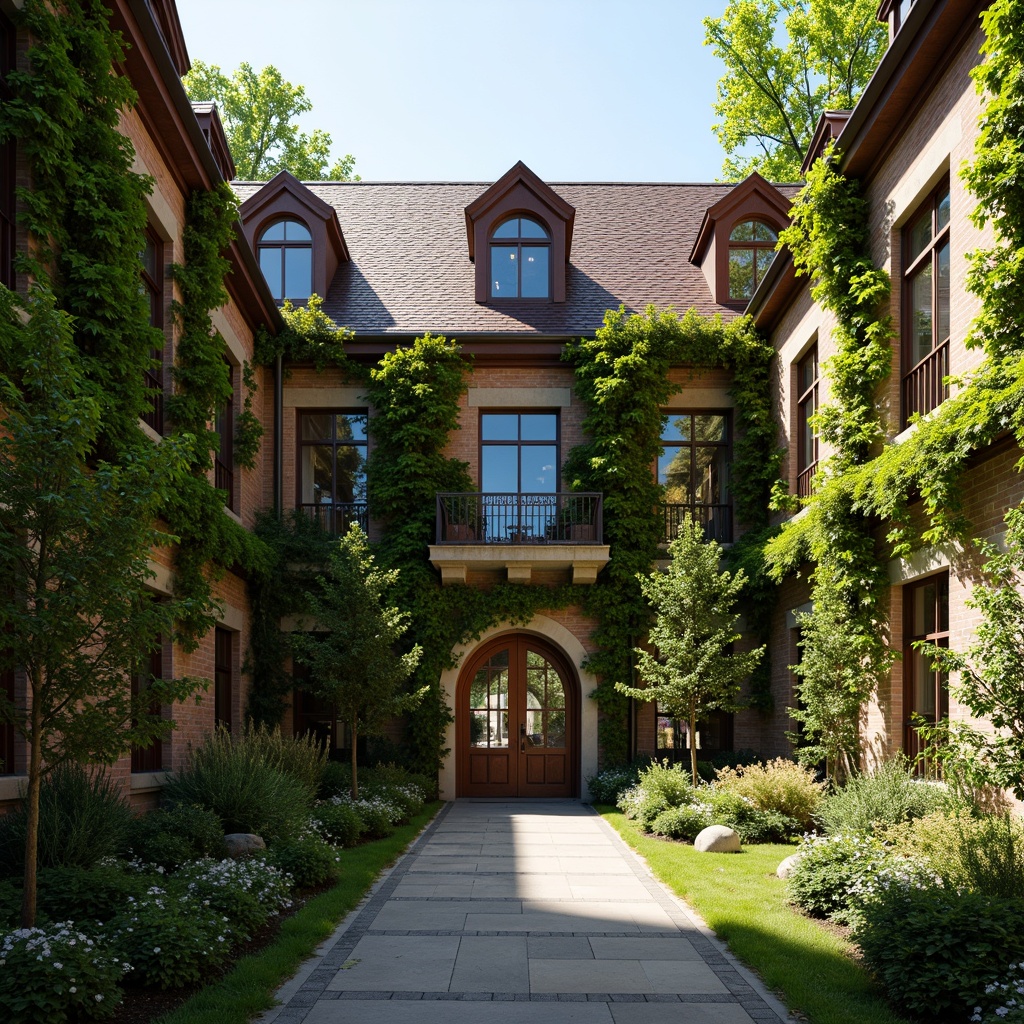 Prompt: Ivy-covered campus buildings, traditional brick facades, ornate stone carvings, grand entrance archways, vaulted ceilings, stained glass windows, rustic wooden doors, cozy reading nooks, natural stone pathways, lush green quadrangles, vibrant flowerbeds, sunny afternoon light, soft warm glow, shallow depth of field, 3/4 composition, symmetrical framing, realistic textures, ambient occlusion.