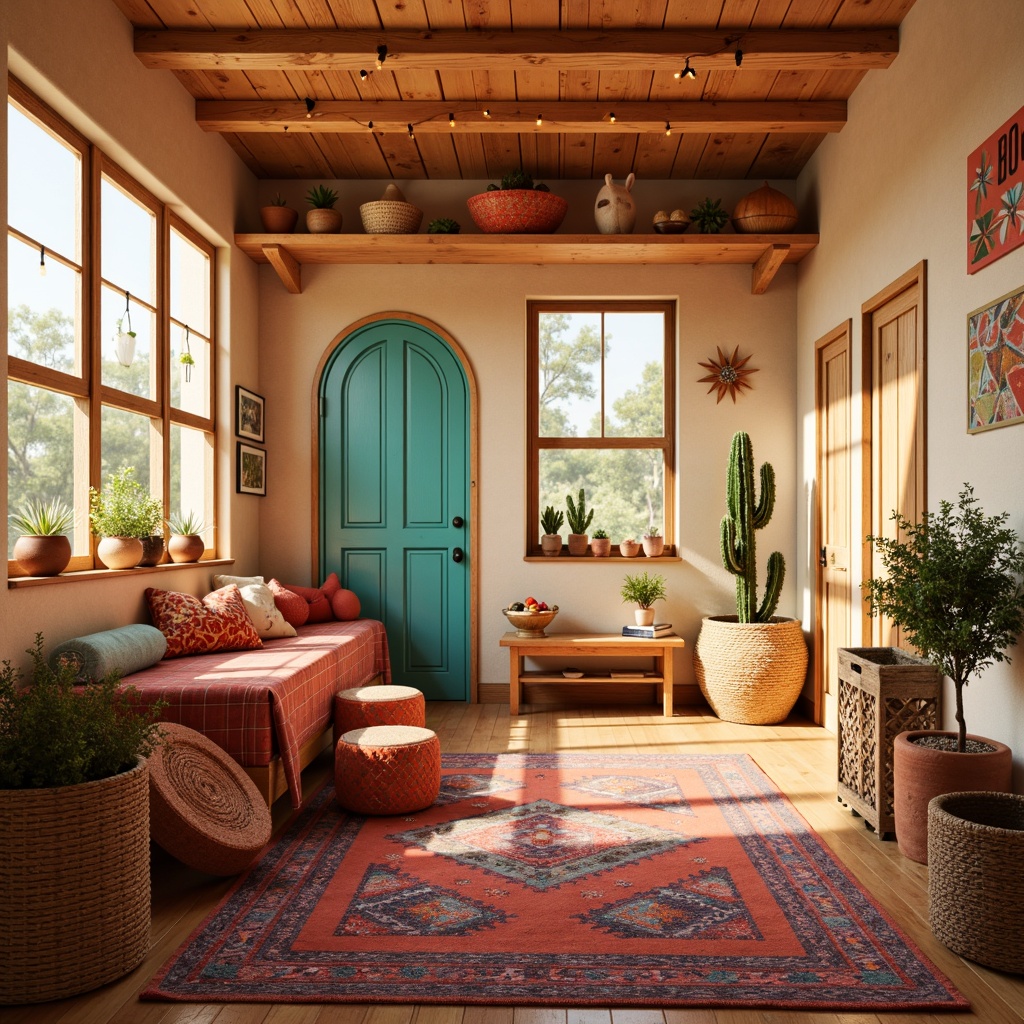 Prompt: Vibrant southwestern-themed kids' room, warm golden lighting, colorful woven baskets, playful cactus decorations, rustic wooden furniture, turquoise accents, sandy beige walls, bright sunny windows, soft warm glow, layered textiles, cozy reading nook, whimsical string lights, natural fiber rugs, earthy terracotta pots, desert-inspired wall art, bold geometric patterns, lively coral hues, energetic orange tones, dynamic 3/4 composition, shallow depth of field, realistic textures, ambient occlusion.