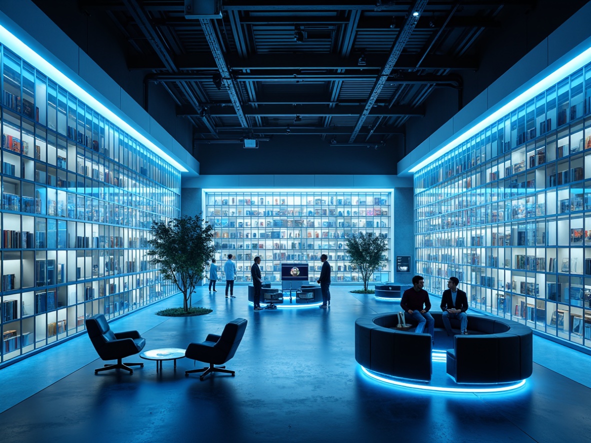 Prompt: Futuristic bookstore interior, neon-lit shelves, holographic book displays, transparent glass floors, levitating furniture, minimalist metal frames, ergonomic chairs, virtual reality reading nooks, smart tables with built-in e-ink screens, atmospheric misting system, soft blue ambient lighting, 1/1 composition, shallow depth of field, high-tech materials, iridescent color scheme, geometric patterns, sleek lines, modernist architecture.