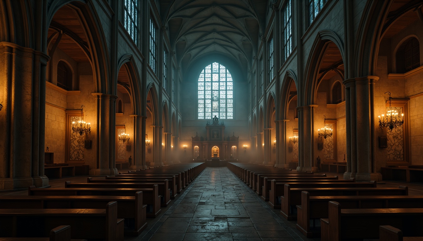 Prompt: Eerie cathedral interior, vaulted ceilings, stained glass windows, mystical atmosphere, warm candlelight, soft golden illumination, dramatic shadows, mysterious alcoves, intricate stone carvings, grandiose chandeliers, foggy mist, low-key lighting, high contrast ratio, cinematic mood, dark romanticism, mystical symbolism.