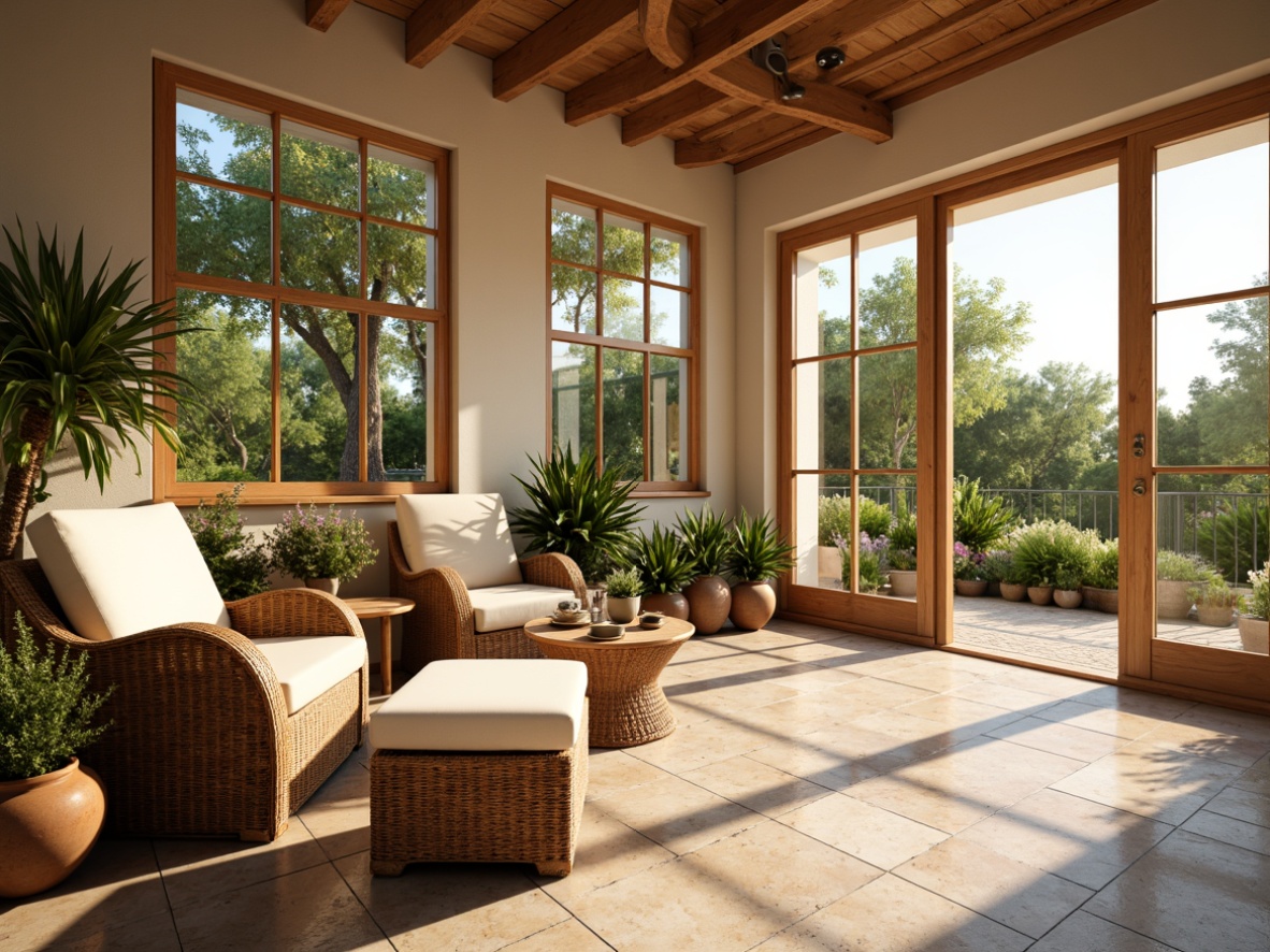 Prompt: Vibrant sunroom, natural stone flooring, warm beige walls, soft cream-colored furniture, lush greenery, blooming flowers, bright sunny day, large windows, sliding glass doors, cozy reading nook, plush throw pillows, woven wicker chairs, earthy terracotta pots, rustic wooden accents, warm golden lighting, shallow depth of field, 3/4 composition, panoramic view, realistic textures, ambient occlusion.