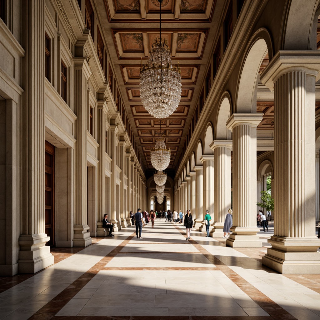 Prompt: Grand hall, ornate columns, Neoclassical architecture, symmetrical composition, elegant archways, intricately carved capitals, fluted column shafts, ornamental moldings, polished marble floors, crystal chandeliers, luxurious textiles, majestic high ceilings, soft warm lighting, shallow depth of field, 1/2 composition, realistic textures, ambient occlusion.