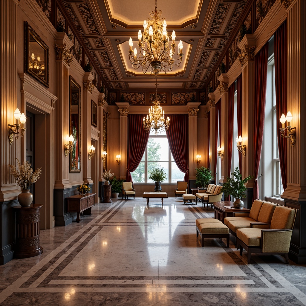 Prompt: Richly ornamented hall, neoclassical columns, intricate moldings, luxurious chandeliers, velvet drapes, ornate mirrors, gilded frames, antique vases, polished marble floors, symmetrical layout, elegant furniture, carved wooden legs, upholstered armchairs, tufted ottomans, classic coffee tables, decorative inlays, subtle warm lighting, shallow depth of field, 1/1 composition, realistic textures, ambient occlusion.