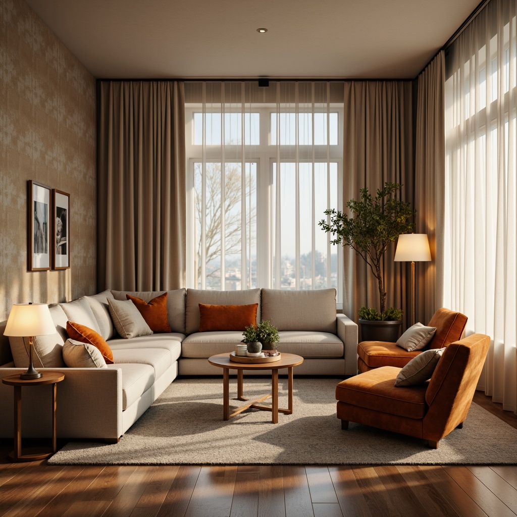 Prompt: Cozy living room, plush sofas, velvet armchairs, wooden coffee tables, soft cushions, elegant lamps, natural fabrics, warm beige colors, minimalist decor, floor-to-ceiling windows, sheer curtains, warm ambient lighting, 1/1 composition, shallow depth of field, realistic textures, subtle shadows.