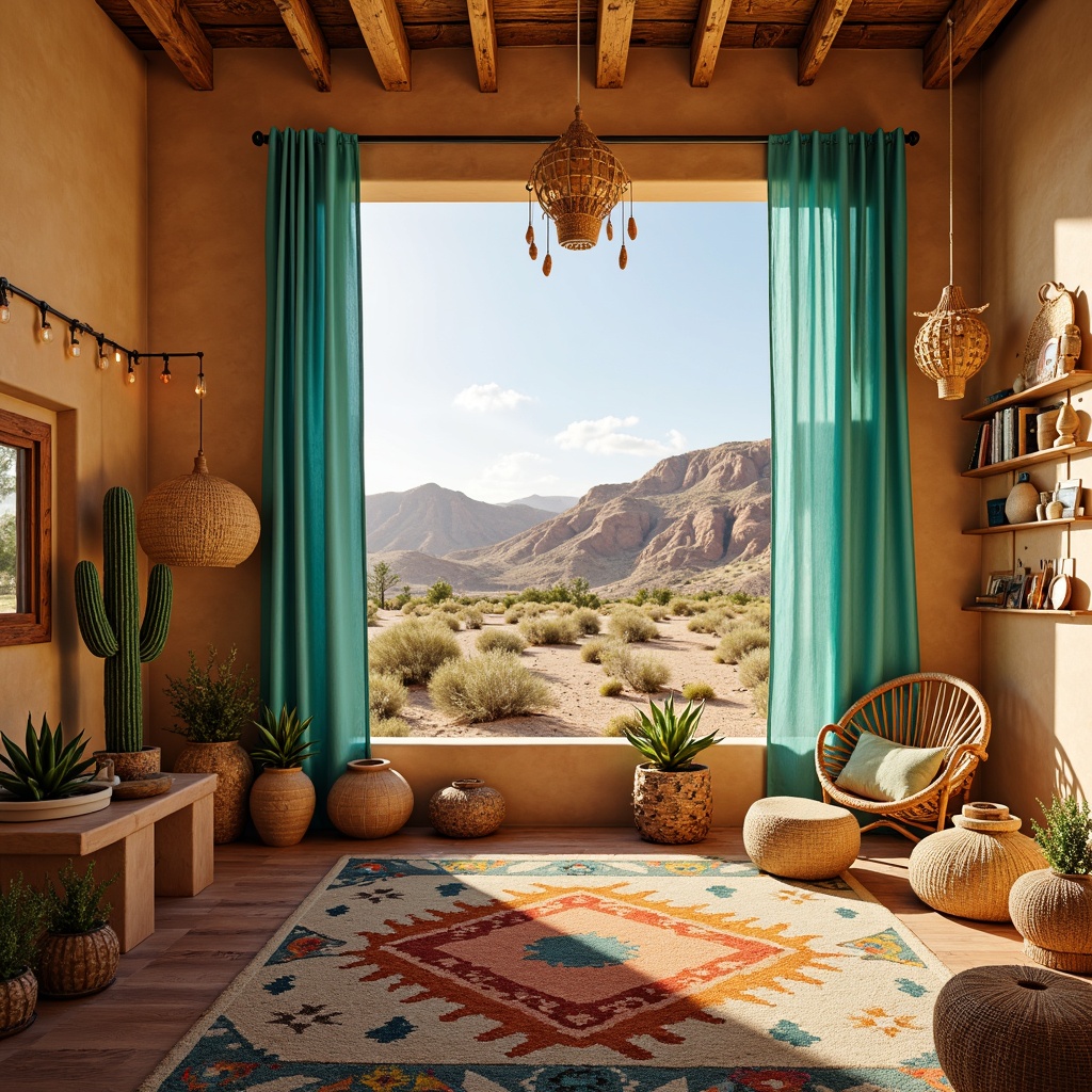 Prompt: Vibrant turquoise accents, warm beige walls, rustic wooden furniture, woven Native American-inspired baskets, colorful Navajo-patterned rug, playful cactus-shaped lamp, soft warm glow, sunny day, shallow depth of field, 1/1 composition, realistic textures, ambient occlusion, desert landscape, sandy dunes, hot air balloon-inspired ceiling fixture, bright yellow and orange hues, fun string lights, whimsical dreamcatcher mobile, natural woven fibers, earthy tone ceramics.