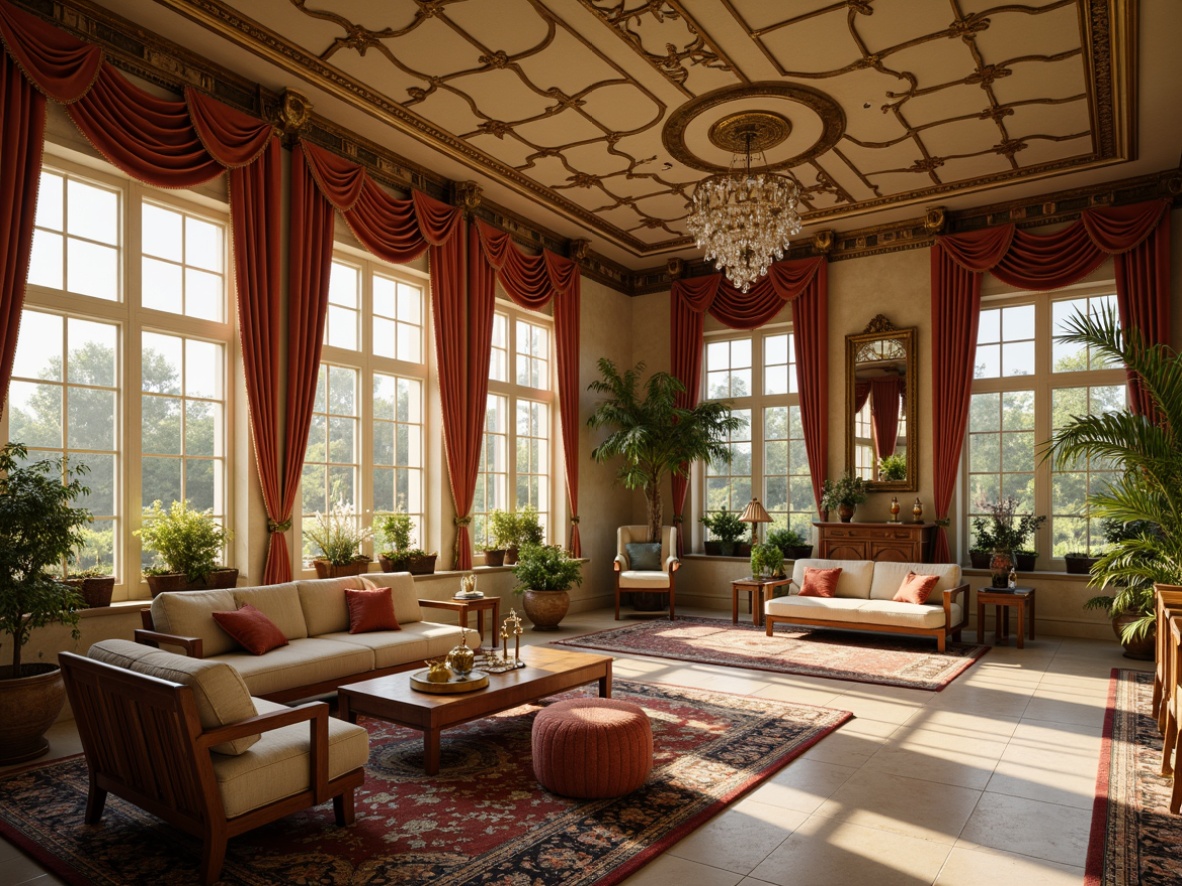 Prompt: Ornate sunroom, lavish furnishings, rich velvet drapes, golden candelabras, crystal chandeliers, intricate moldings, ornamental mirrors, polished marble floors, warm beige walls, luxurious textiles, subtle shading, soft warm lighting, afternoon ambiance, gentle glow, 1/1 composition, realistic reflections, ambient occlusion.