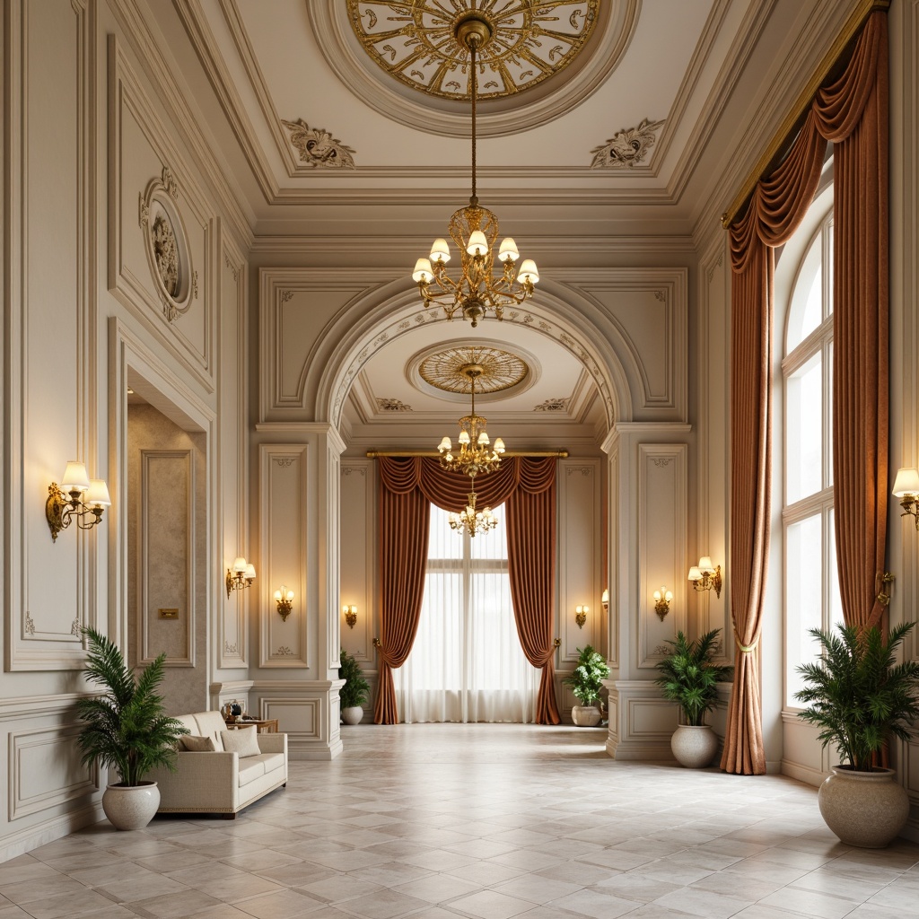 Prompt: Elegant wall paneling, ornate molding details, soft beige colors, subtle texture variations, classic column designs, intricate archways, lavish gold accents, rich velvet drapes, stately chandeliers, refined marble flooring, ornamental ceiling medallions, warm ambient lighting, shallow depth of field, 1/1 composition, realistic textures, ambient occlusion.