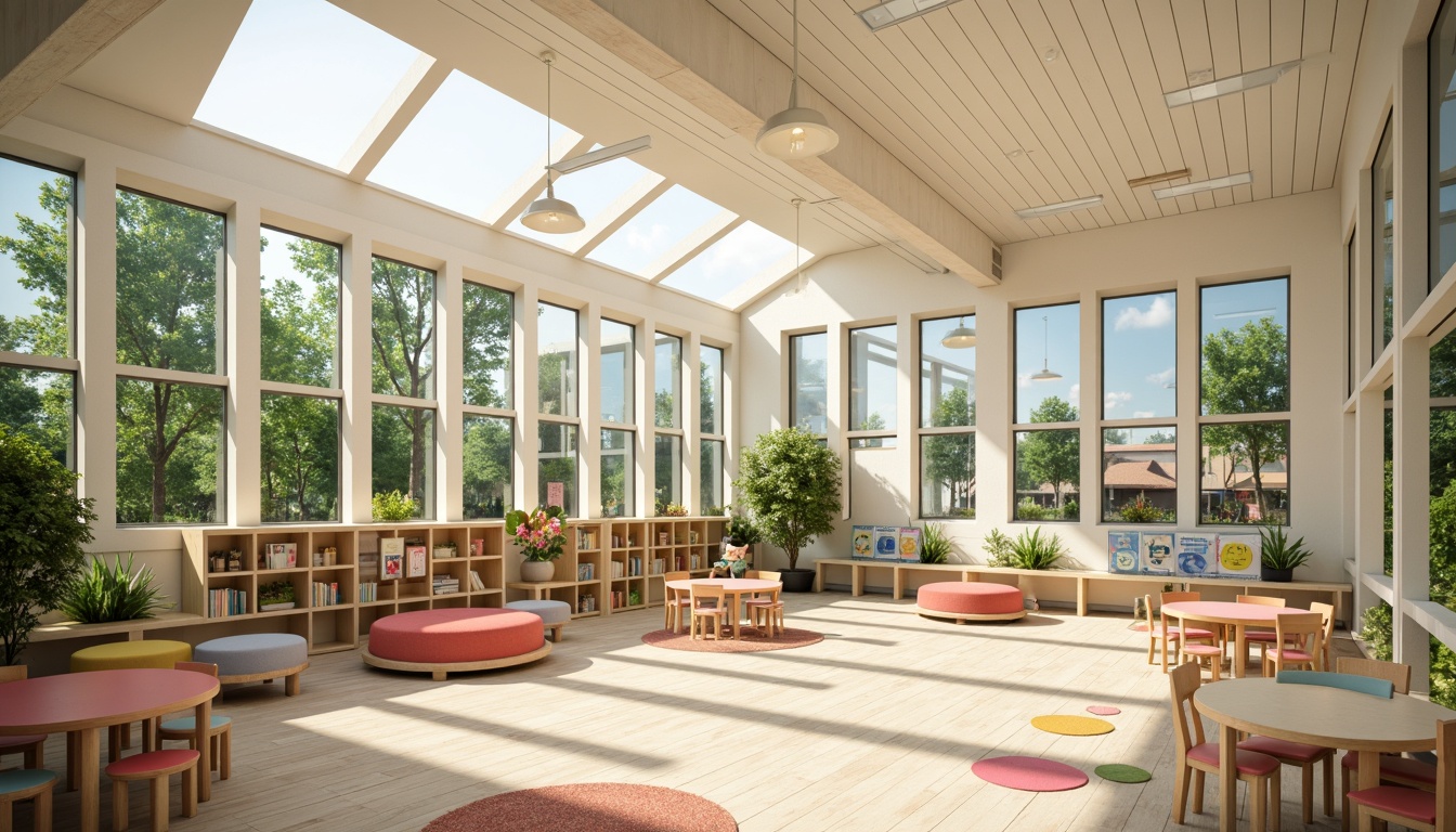 Prompt: Vibrant kindergarten interior, abundant natural light, large skylights, clerestory windows, translucent glass walls, soft warm lighting, pastel-colored furniture, wooden tables, tiny chairs, playful rugs, educational posters, child-sized shelves, cozy reading nooks, circular gathering spaces, minimalist decor, eco-friendly materials, airy open layout, 1/1 composition, shallow depth of field, panoramic view, realistic textures, ambient occlusion.