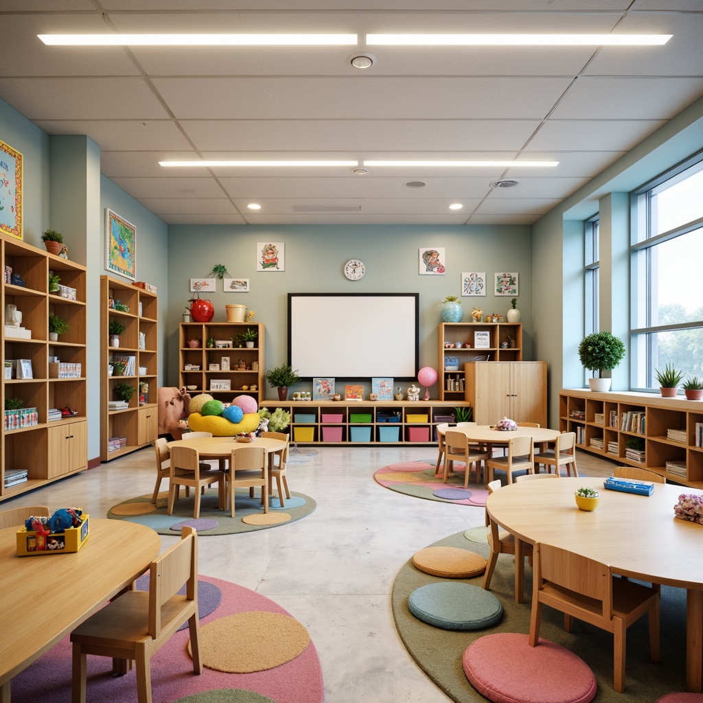 Prompt: Vibrant kindergarten classroom, colorful learning tools, ergonomic chairs, wooden tables, playful storage bins, soft cushions, interactive whiteboards, educational posters, cozy reading nooks, natural wood accents, circular desks, collaborative workspaces, adjustable lighting systems, pastel color schemes, whimsical illustrations, child-friendly materials, safe rounded edges, easy-to-clean surfaces, flexible seating arrangements, stimulating wall decals, dynamic shelving units.