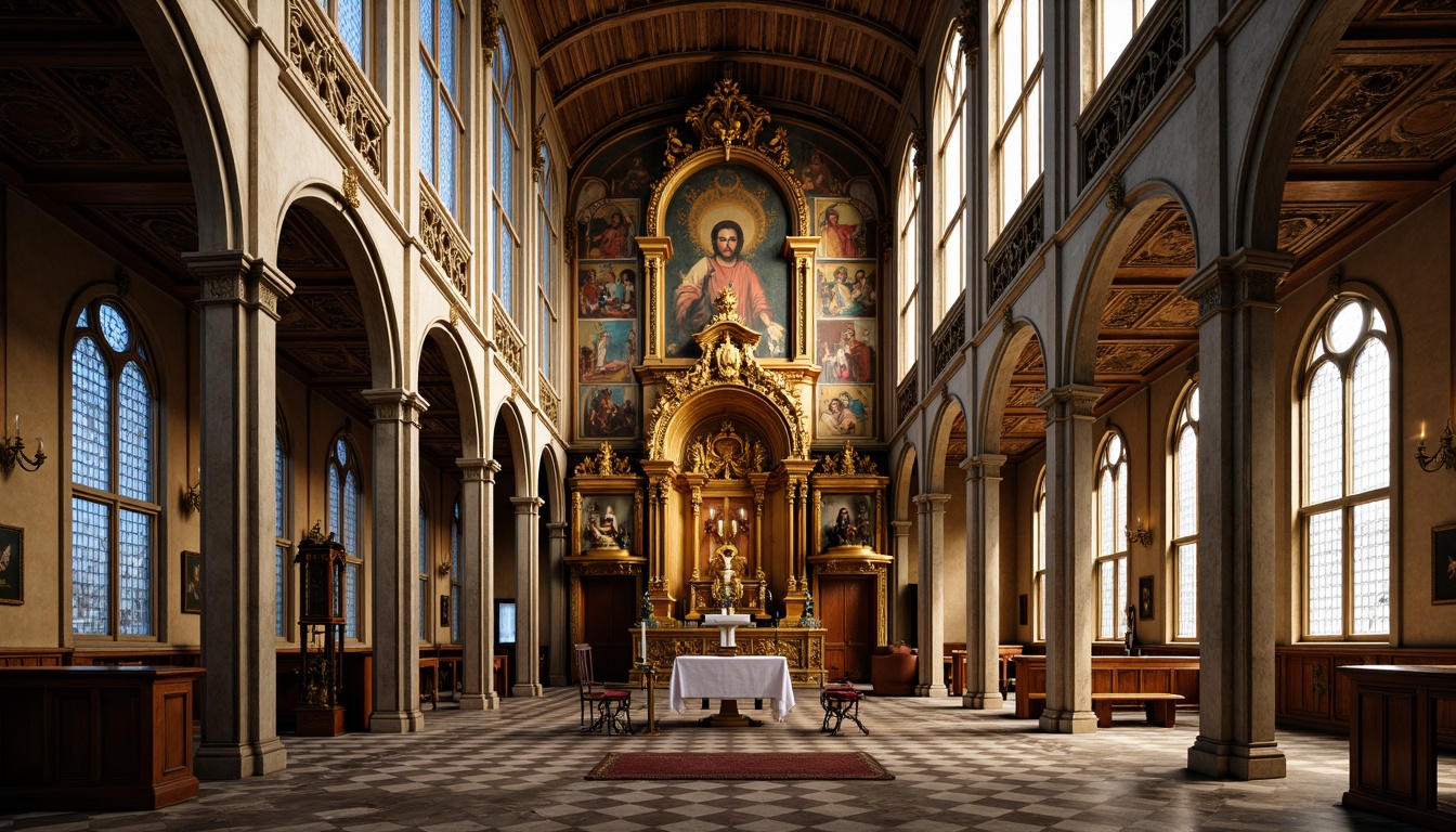 Prompt: Intricately carved ornate altar, golden accents, majestic cathedral, stained glass windows, vibrant religious murals, ornamental tapestries, grandiose columns, polished marble floors, symmetrical architecture, dramatic lighting, soft warm glow, shallow depth of field, 1/1 composition, central focal point, realistic textures, ambient occlusion.