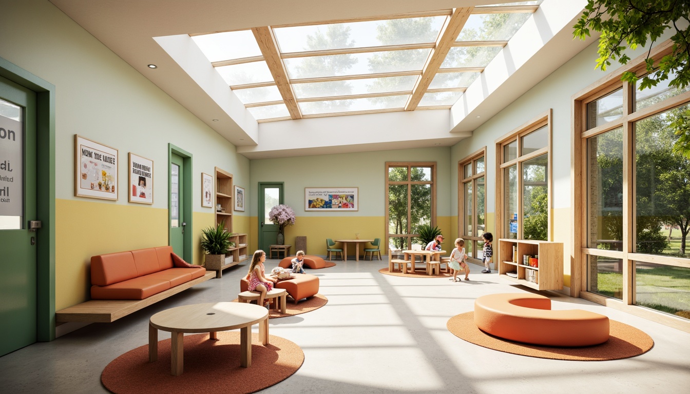 Prompt: Vibrant kindergarten interior, large windows, clerestory rooflights, skylights, transparent glass doors, open floor plan, minimal partitions, pastel color scheme, natural wood accents, soft warm lighting, gentle shadows, playful furniture arrangement, learning activity areas, cozy reading nooks, creative art spaces, circular tables, ergonomic chairs, flexible layouts, collaborative zones, inspirational quotes, educational graphics, textured rugs, acoustic panels, calming atmosphere, morning sunlight, afternoon warmth.