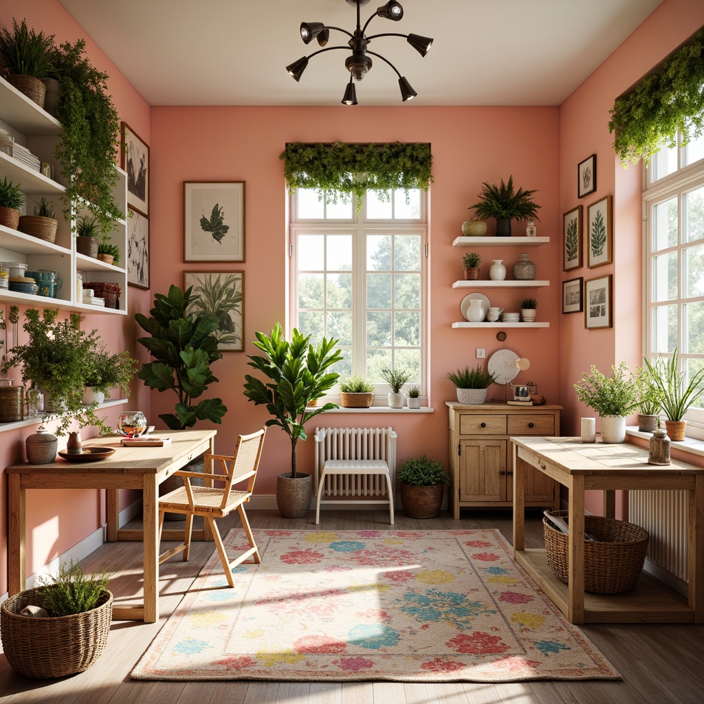 Prompt: Vibrant craft room, pastel color scheme, soft peach walls, creamy white shelves, rustic wooden tables, vintage metal chairs, colorful fabric scraps, woven baskets, natural fiber rugs, abundant greenery, plenty of natural light, warm cozy atmosphere, shallow depth of field, 1/1 composition, realistic textures, ambient occlusion.