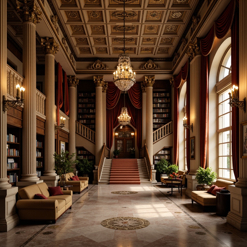 Prompt: Opulent library interior, neoclassical architecture, ornate columns, marble floors, grand staircases, majestic chandeliers, elegant lighting fixtures, bronze sconces, crystal pendant lights, coffered ceiling, warm golden lighting, soft shadows, comfortable reading nooks, leather-bound books, wooden bookshelves, intricate moldings, rich velvet drapes, stately furniture, refined details, 1/2 composition, warm color palette, realistic textures, ambient occlusion.