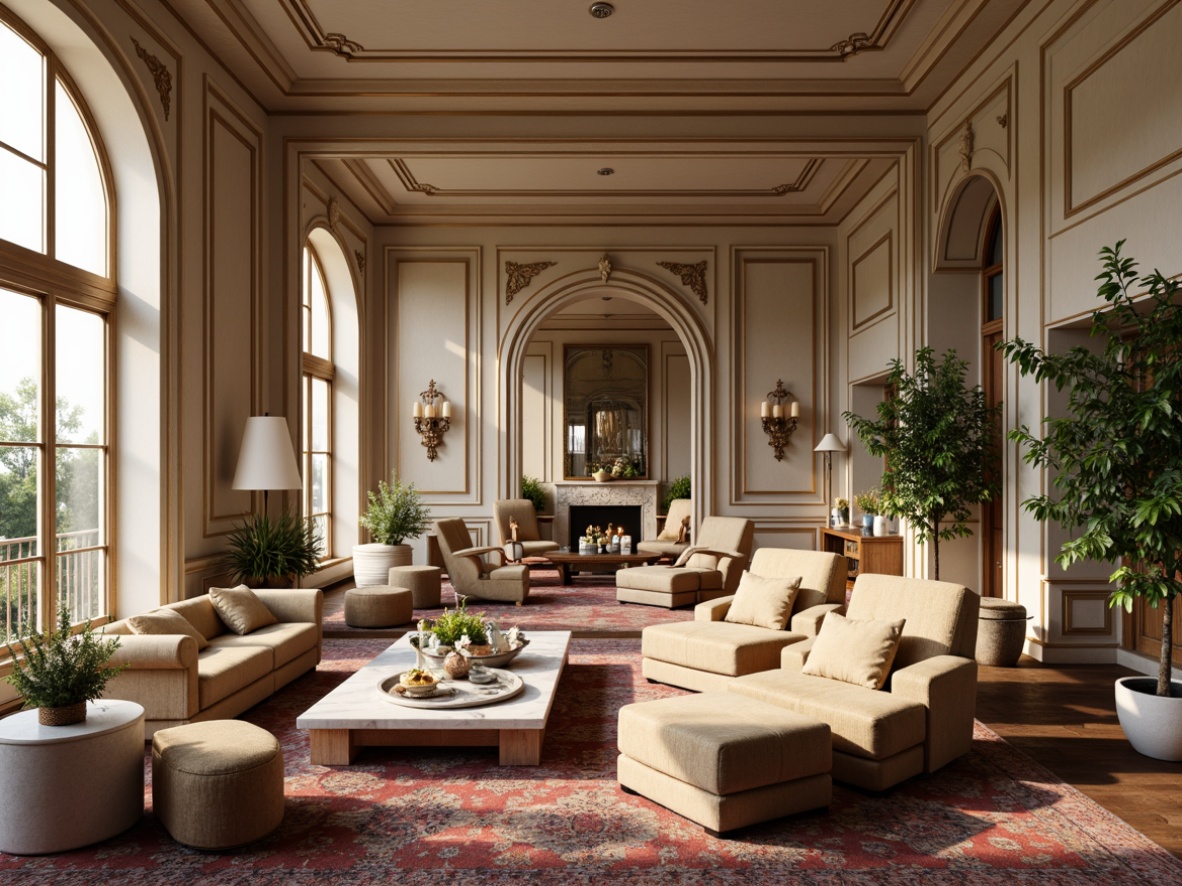 Prompt: Luxurious living room, ornate furnishings, curved lines, gilded accents, velvet upholstery, intricate carvings, marble coffee tables, tufted ottomans, crystal chandeliers, high ceilings, grand windows, natural light, warm beige tones, rich wood textures, classical arches, sculptural details, soft brushstrokes, subtle gradient lighting, 1/2 composition, shallow depth of field, realistic reflections.