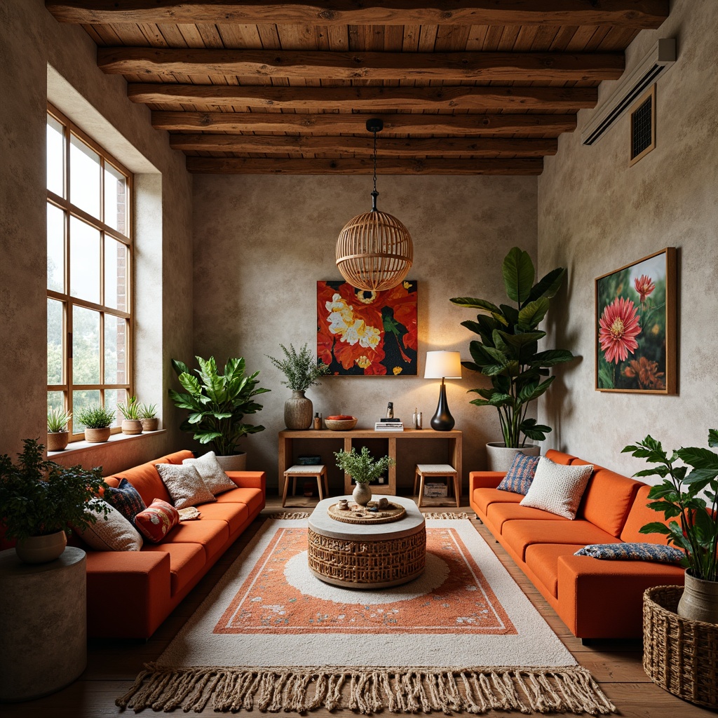 Prompt: Vibrant artistic studio, eclectic bohemian decor, rich wood accents, bold colorful furniture, textured woven rugs, natural stone walls, large windows, soft warm lighting, 3/4 composition, realistic textures, ambient occlusion, earthy tone color palette, rusty orange hues, mossy green undertones, creamy white highlights, deep blue accents, warm beige neutrals.