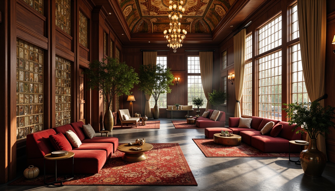 Prompt: Elegant basement, ornate wooden panels, sinuous metalwork, flowing organic curves, luxurious velvet fabrics, rich jewel-toned colors, intricate mosaics, stained glass windows, dramatic chandeliers, plush area rugs, comfortable sectional sofas, curved wooden coffee tables, ornate bronze vases, lavish drapery, warm golden lighting, soft focus blur, 1/2 composition, atmospheric mist.