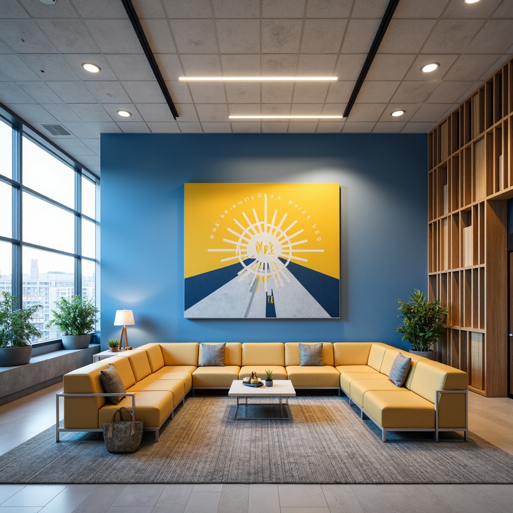 Prompt: Corporate office atmosphere, professional color scheme, neutral tones, calming blue hues, energizing yellow accents, warm beige furniture, sleek metal decor, natural wood textures, minimalist design, ample daylight, soft overhead lighting, comfortable seating areas, collaborative workspaces, inspirational quotes, motivational artwork, modern abstract patterns, subtle gradient effects.