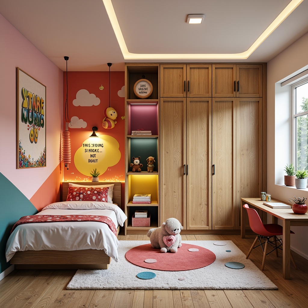 Prompt: Whimsical kid's bedroom, vibrant color palette, playful polka dots, soft plush carpets, cozy reading nooks, wooden furniture, natural oak wood tone, fairy lights, wall decals, inspirational quotes, fun patterned bedding, stuffed animals, colorful storage bins, creative shelving units, abstract artwork, gentle warm lighting, shallow depth of field, 1/2 composition, panoramic view, realistic textures, ambient occlusion.