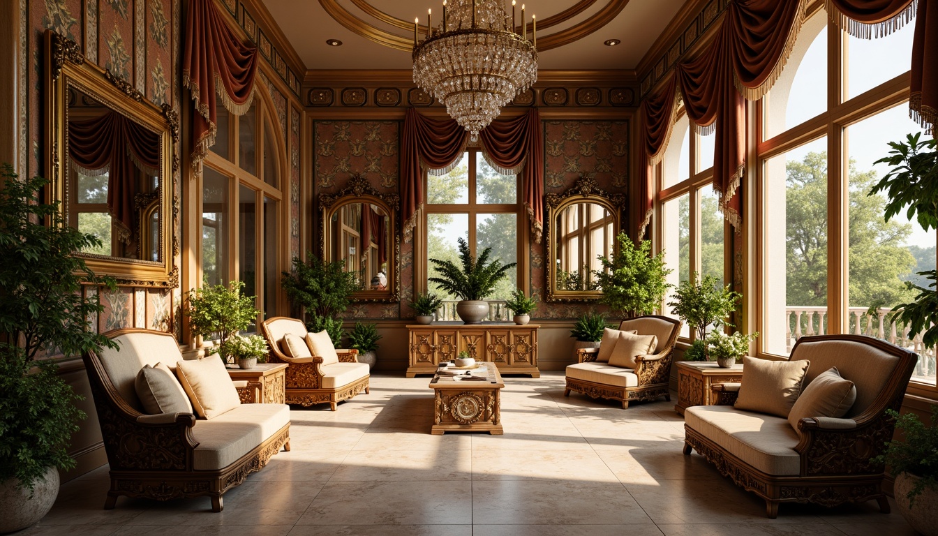 Prompt: Opulent sunroom, ornate furniture, gilded frames, velvet upholstery, rich tapestries, intricate carvings, marble floors, crystal chandeliers, floor-to-ceiling windows, arched doorways, grandiose mirrors, lavish drapery, tassel trim, Baroque-inspired patterns, warm golden lighting, soft natural textures, 1/1 composition, realistic reflections, ambient occlusion.